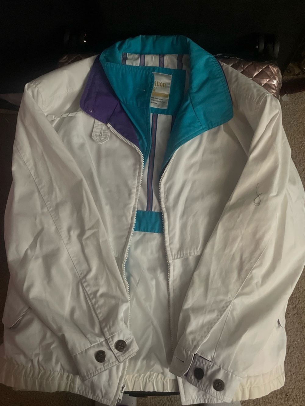 London Fog White Jacket with Teal and Purple Trim